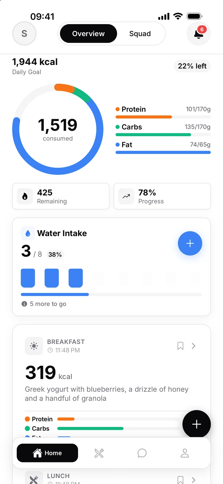 Client home with calorie ring, macros and water