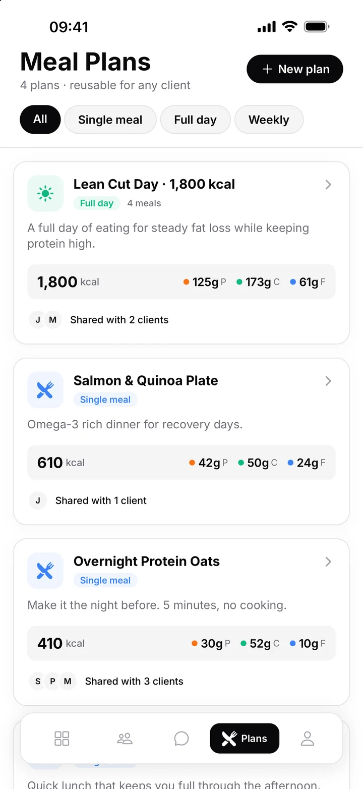 Meal plan library with plans shared with clients