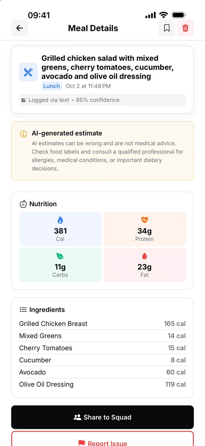 AI meal breakdown with calories, macros and ingredients